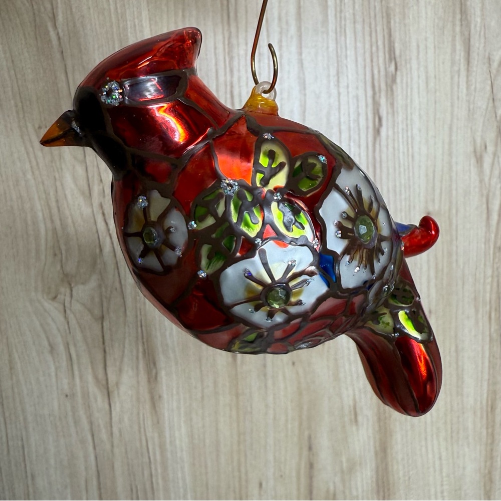 Cardinal Hand Blown Glass Christmas Ornament  Stain-glass Look W/ Flowers 5”